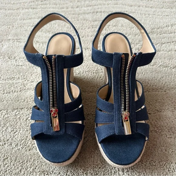 Michael Michael Kors Berkeley Blue Canvas Front Zip Espadrille Wedge Sandals 8M - Picture 4 of 16